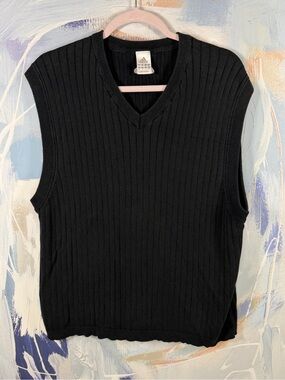 Vintage adidas Ribbed V Neck Sweater Vest Black Knit Sleeveless Pullover M